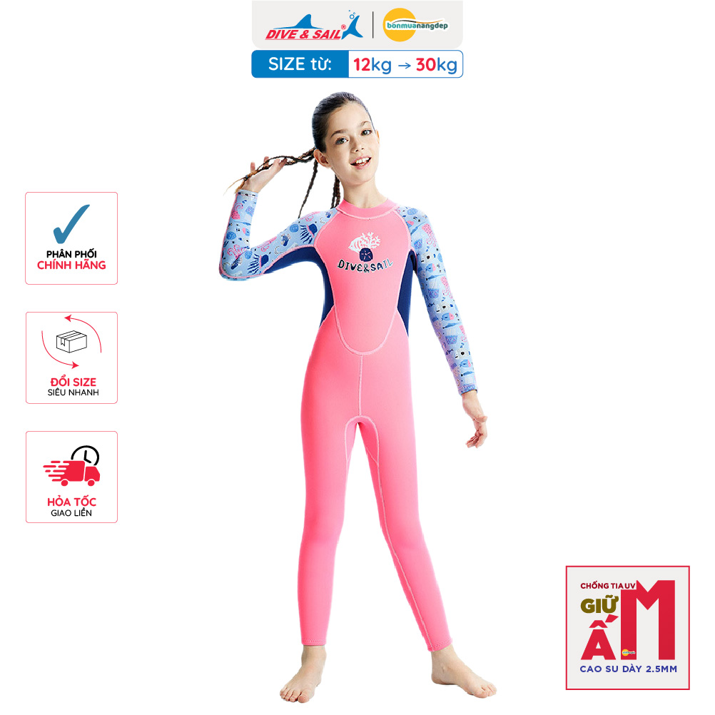 Đồ bơi giữ nhiệt bé gái Dive and Sail size 12-30kg tay dài quần dài cao su dày 2.5mm giữ ấm