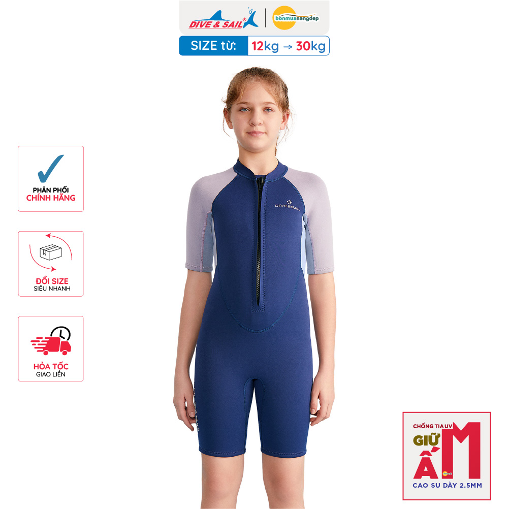 Đồ bơi giữ nhiệt bé gái Dive and Sail size 27kg - 55kg chất liệu cao su dày 2.5mm giữ ấm rât tốt
