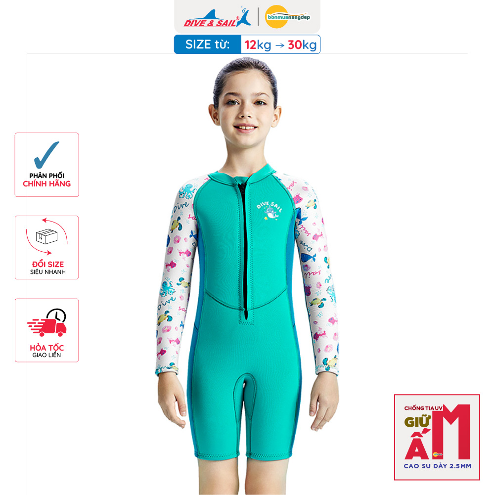 Đồ bơi giữ nhiệt bé gái Dive and Sail size 12-30kg cao su dày 2.5mm giữ ấm ngăn tia UV