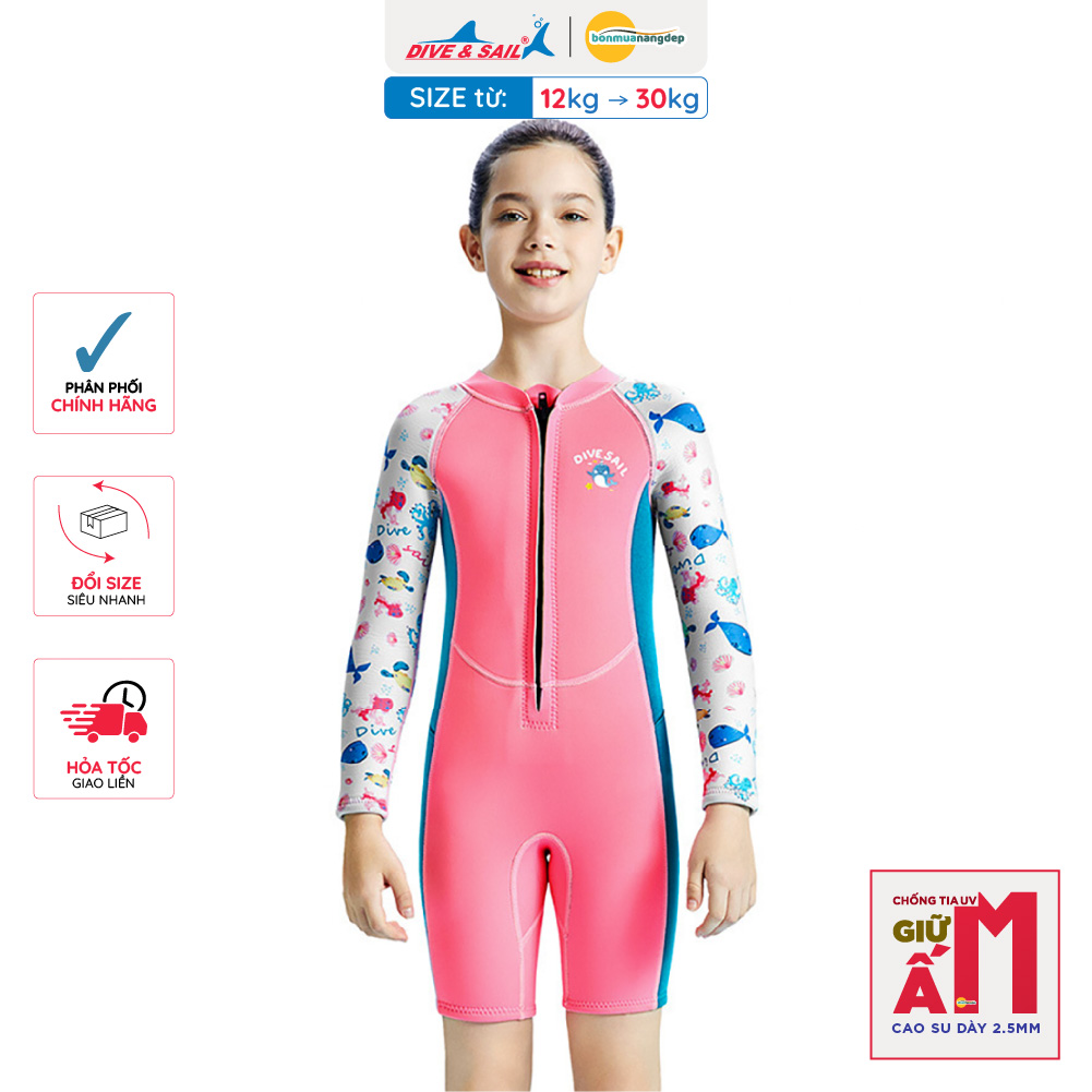 Đồ bơi giữ nhiệt bé gái Dive and Sail size 12-30kg cao su dày 2.5mm giữ ấm ngăn tia UV