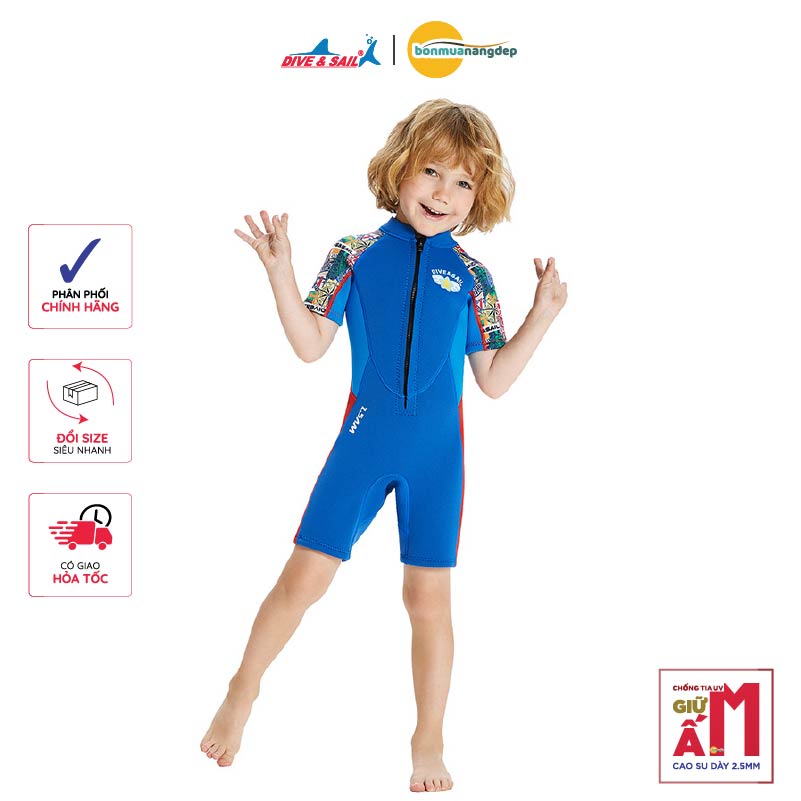 Đồ bơi giữ nhiệt bé trai Dive and Sail chất cao su dày 2.5mm giữ ấm chống tia UV size 12-30kg