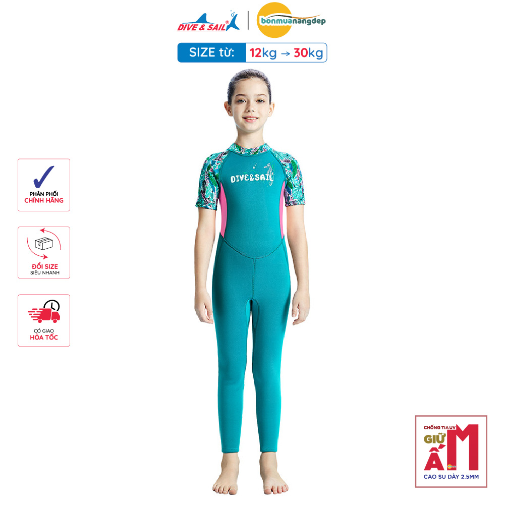 Đồ bơi giữ nhiệt bé gái Dive and Sail size 12-30kg cao su dày 2.5mm giữ ấm ngăn tia UV