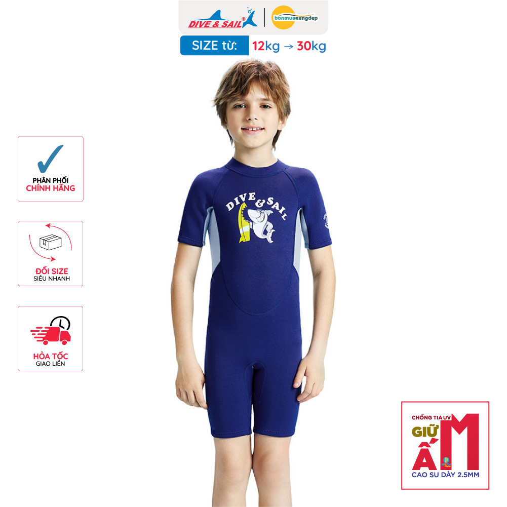 Đồ bơi giữ nhiệt bé trai Dive and Sail size 12-30kg cao su dày 2.5mm giữ ấm ngăn tia UV