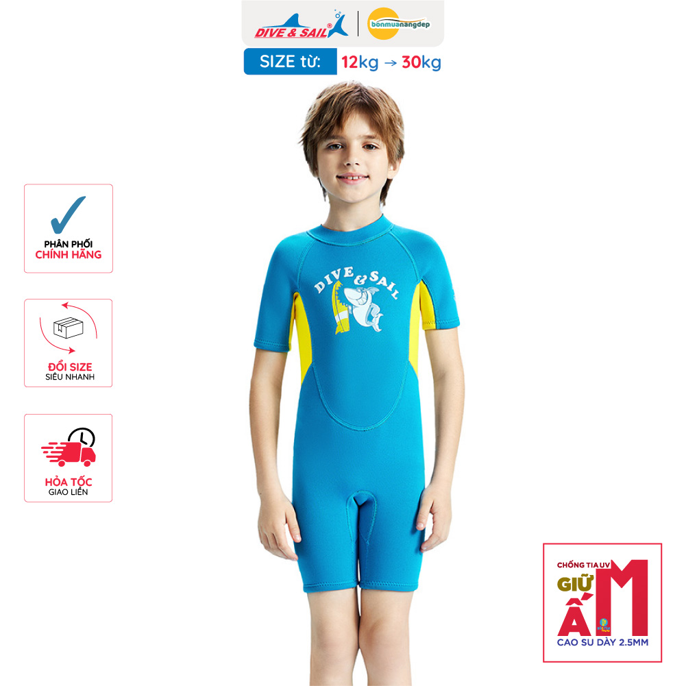 Đồ bơi giữ nhiệt bé trai Dive and Sail size 12-30kg cao su dày 2.5mm giữ ấm ngăn tia UV