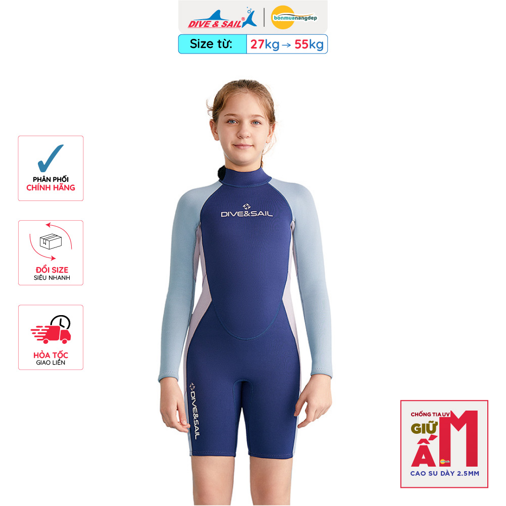 Đồ bơi giữ nhiệt bé gái Dive and Sail size 27kg - 55kg cao su dày 2.5mm giữ ấm rât tốt