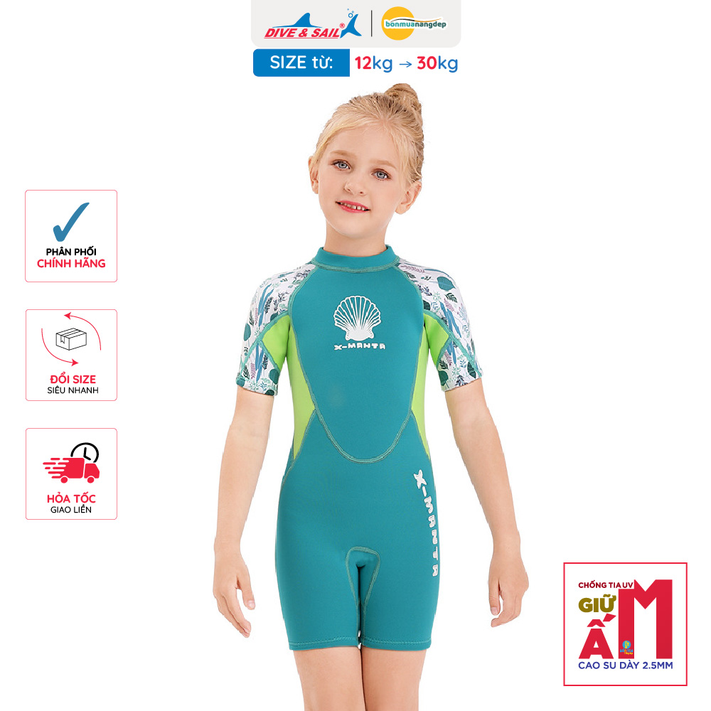 Đồ bơi giữ nhiệt bé gái Dive and Sail size 12-30kg Cao su dày 2.5mm giữ ấm ngăn tia UV