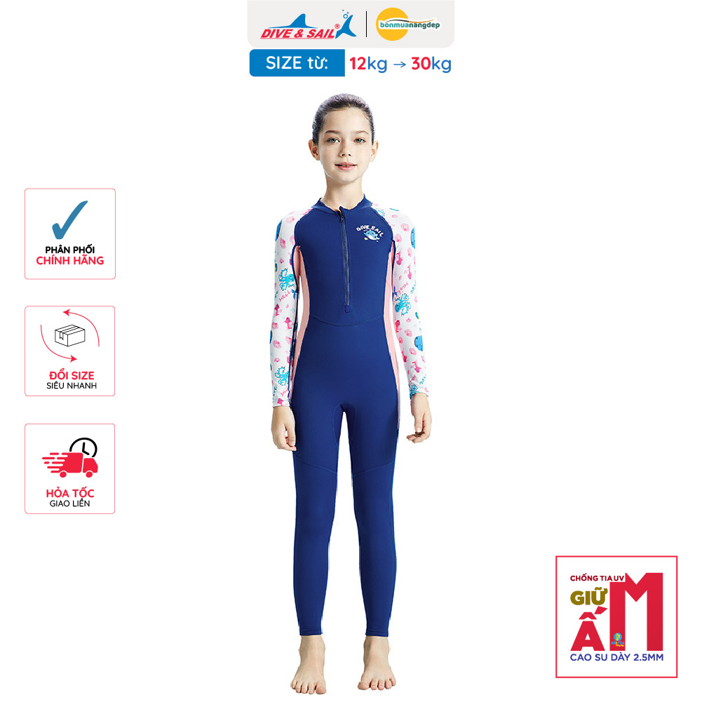 Đồ bơi bé gái Dive&Sail size 12-30kg tay dài quần dài chống nắng ngăn tia UV