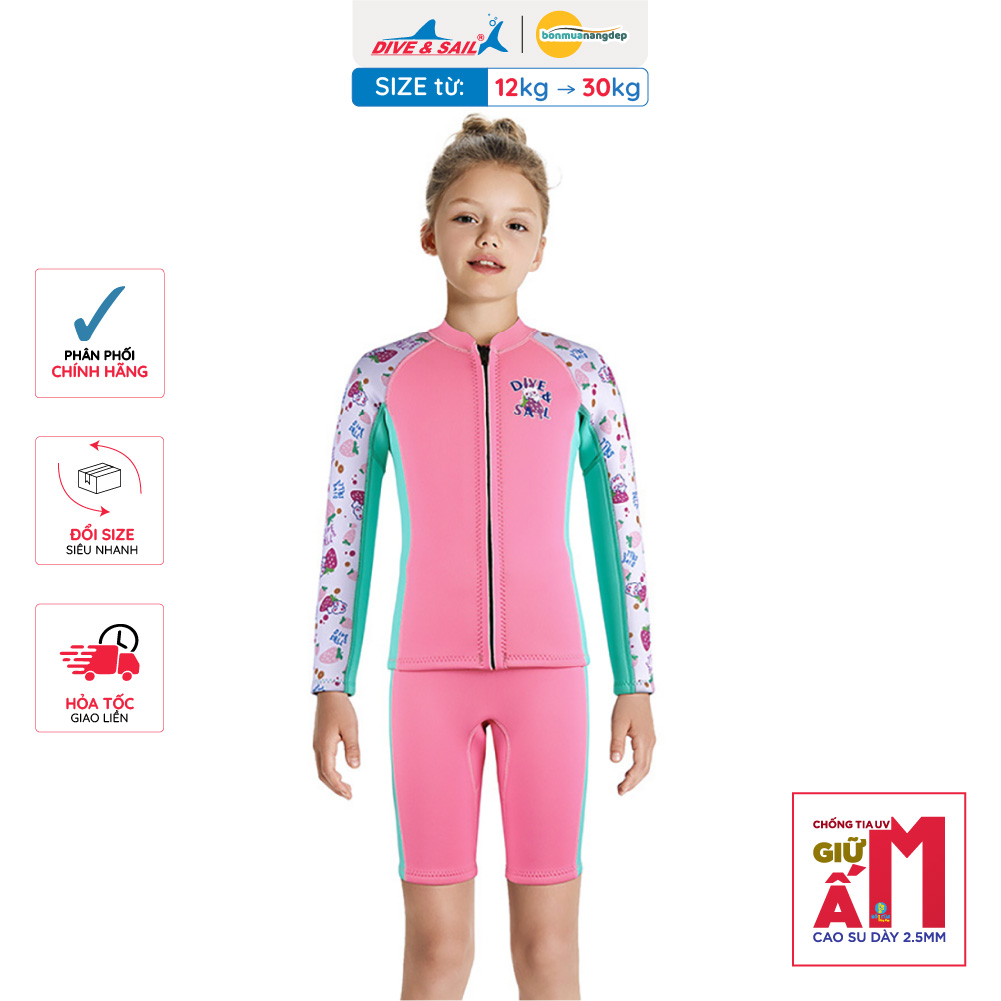 Đồ bơi giữ nhiệt bé gái Dive and Sail size 12-30kg, cao su dày 2.5mm ngăn tia UV giữ ấm
