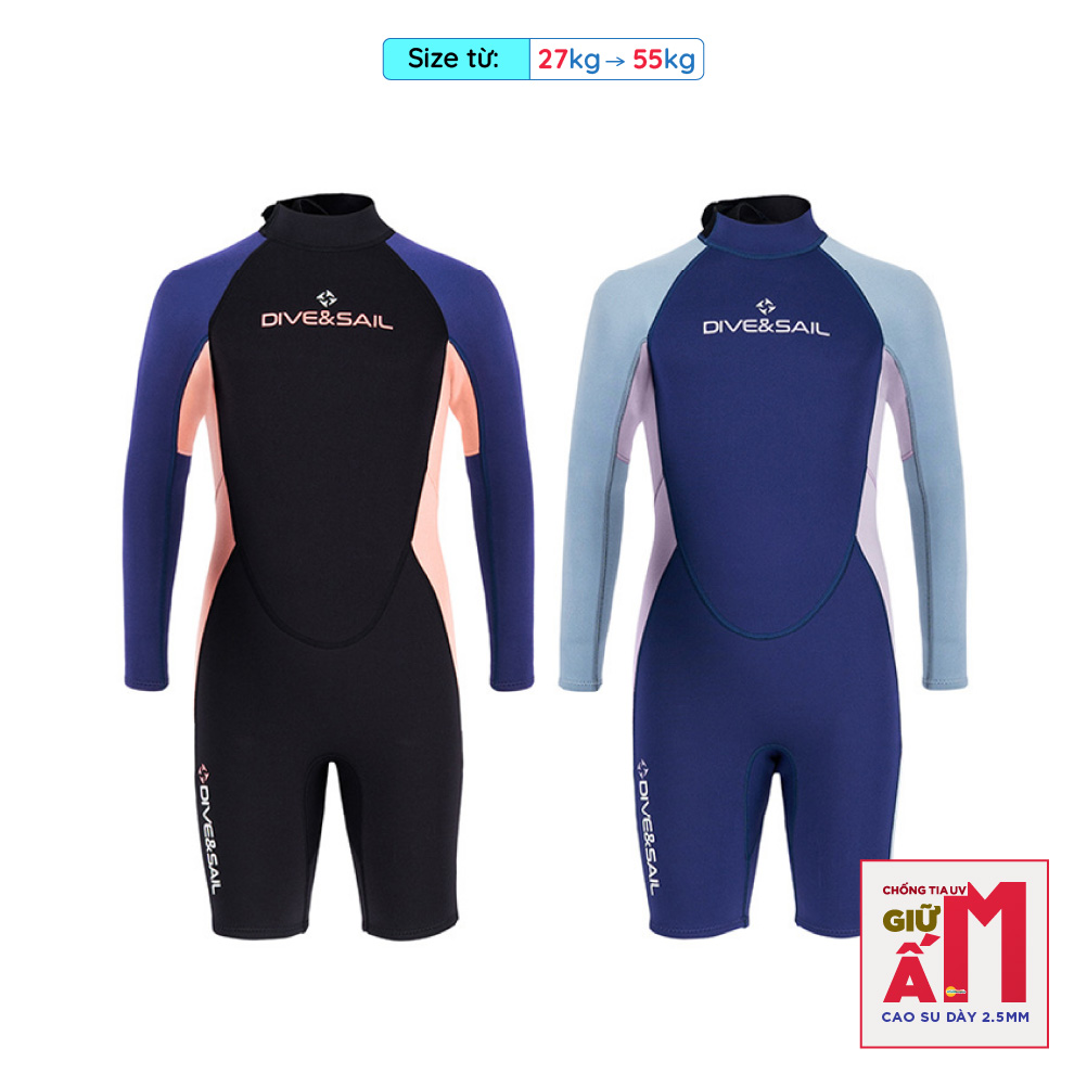 Đồ bơi giữ nhiệt bé gái Dive and Sail size 27kg - 55kg cao su dày 2.5mm giữ ấm rât tốt
