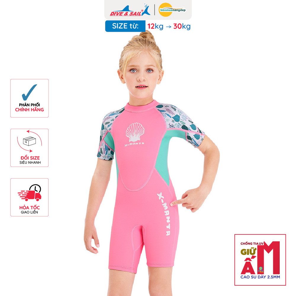 Đồ bơi giữ nhiệt bé gái Dive and Sail size 12-30kg Cao su dày 2.5mm giữ ấm ngăn tia UV