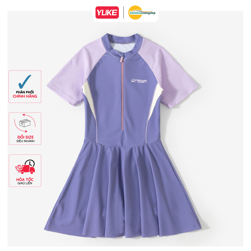 Bộ đồ bơi bé gái YUKE váy liền thân độ đàn hồi cao, thiết kế màu tương phản, chất liệu vải kháng Clo