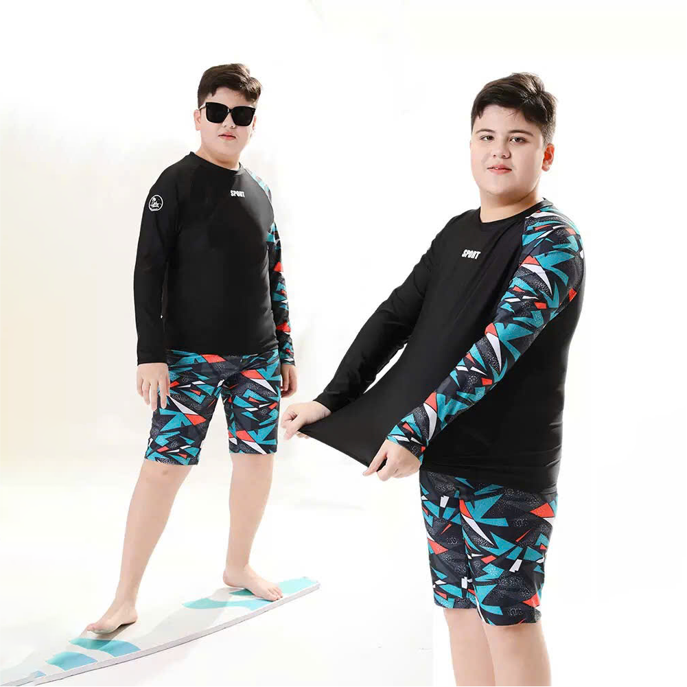 Bộ đồ bơi bé trai BIG SIZE tay dài quần ngắn kèm mũ Size từ 34-73kg