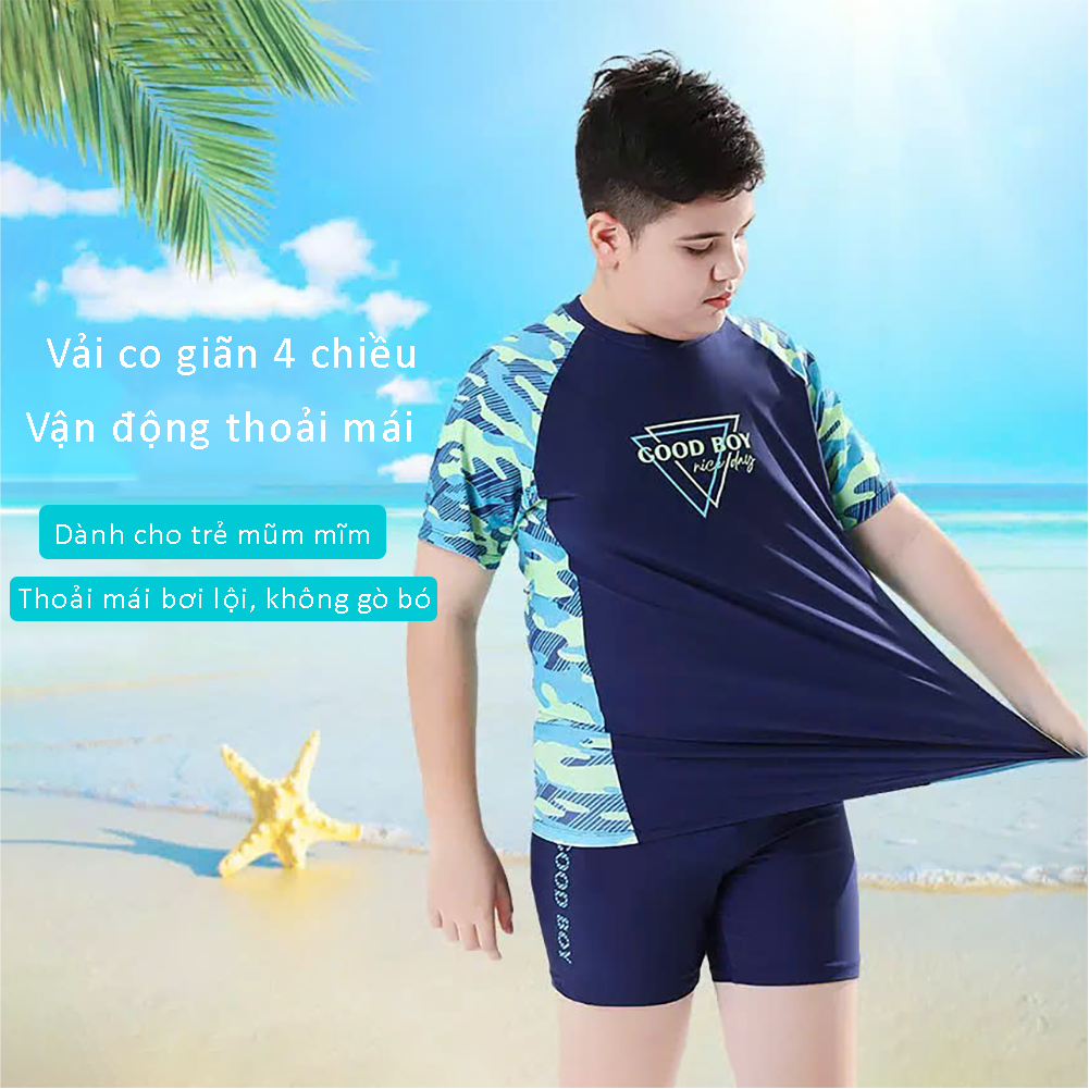 Đồ bơi bé trai BIG SIZE tay ngắn quần ngắn kèm mũ, size từ 34kg - 73kg