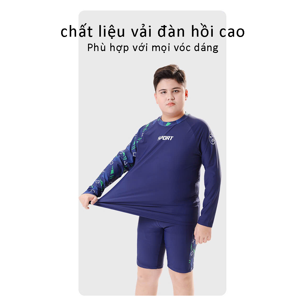 Bộ đồ bơi bé trai BIG SIZE tay dài quần ngắn tặng kèm mũ cho bé từ 34-73kg