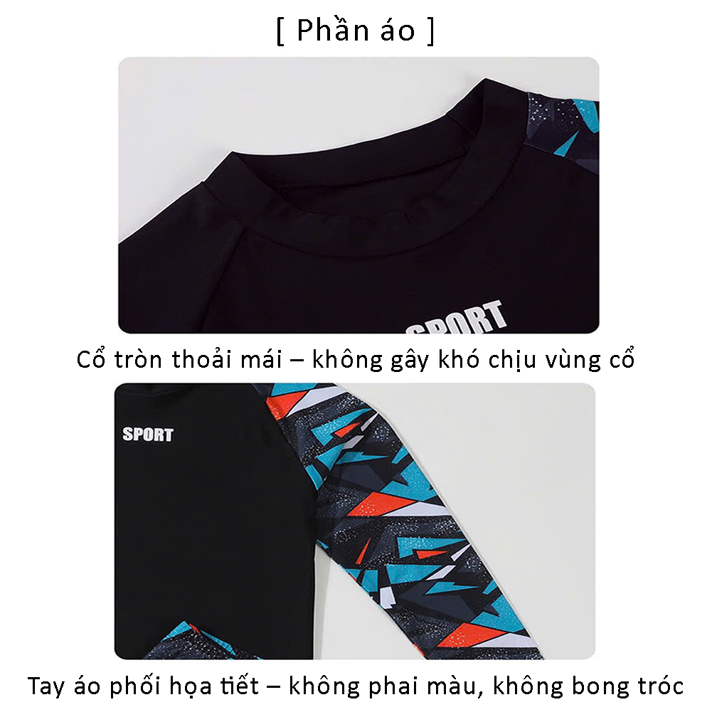 Bộ đồ bơi bé trai BIG SIZE tay dài quần ngắn kèm mũ Size từ 34-73kg