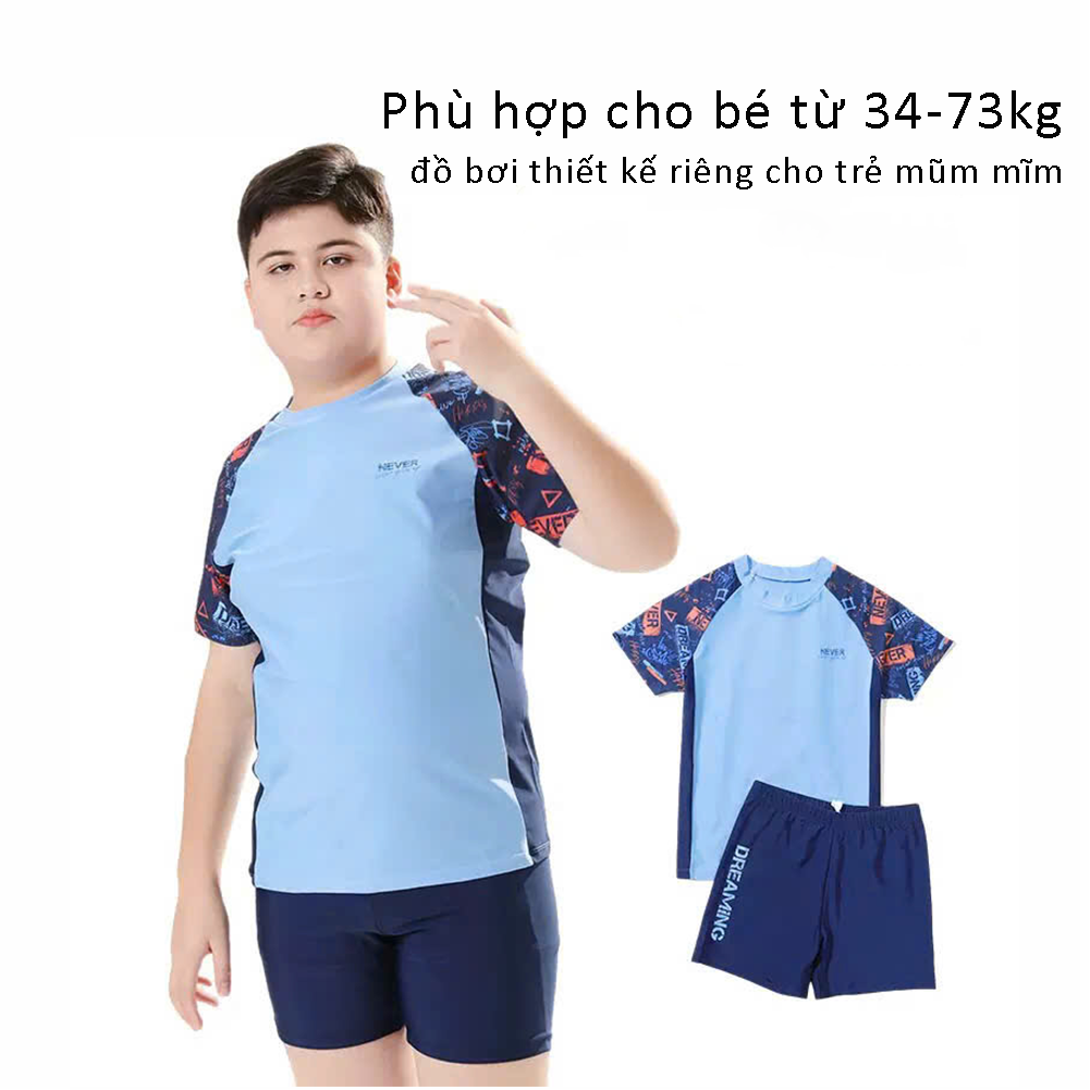 Bộ đồ bơi bé trai tay ngắn quần ngắn BIG SIZE kèm mũ, Size từ 34-73kg