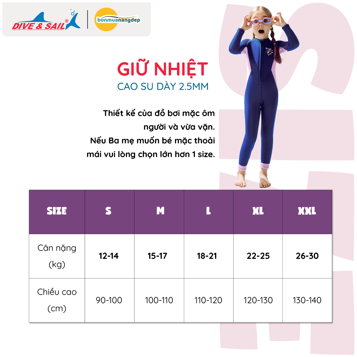 Đồ bơi giữ nhiệt bé gái Dive and Sail size 12-30kg cao su dày 2.5mm giữ ấm ngăn tia UV