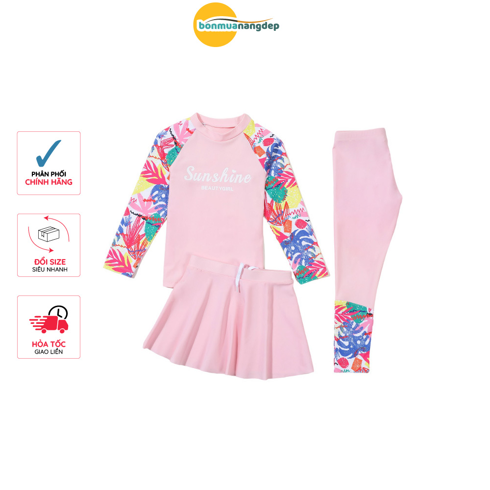 Bộ đồ bơi bé gái set 3 món áo dài quần dài và chân váy rời chống nắng