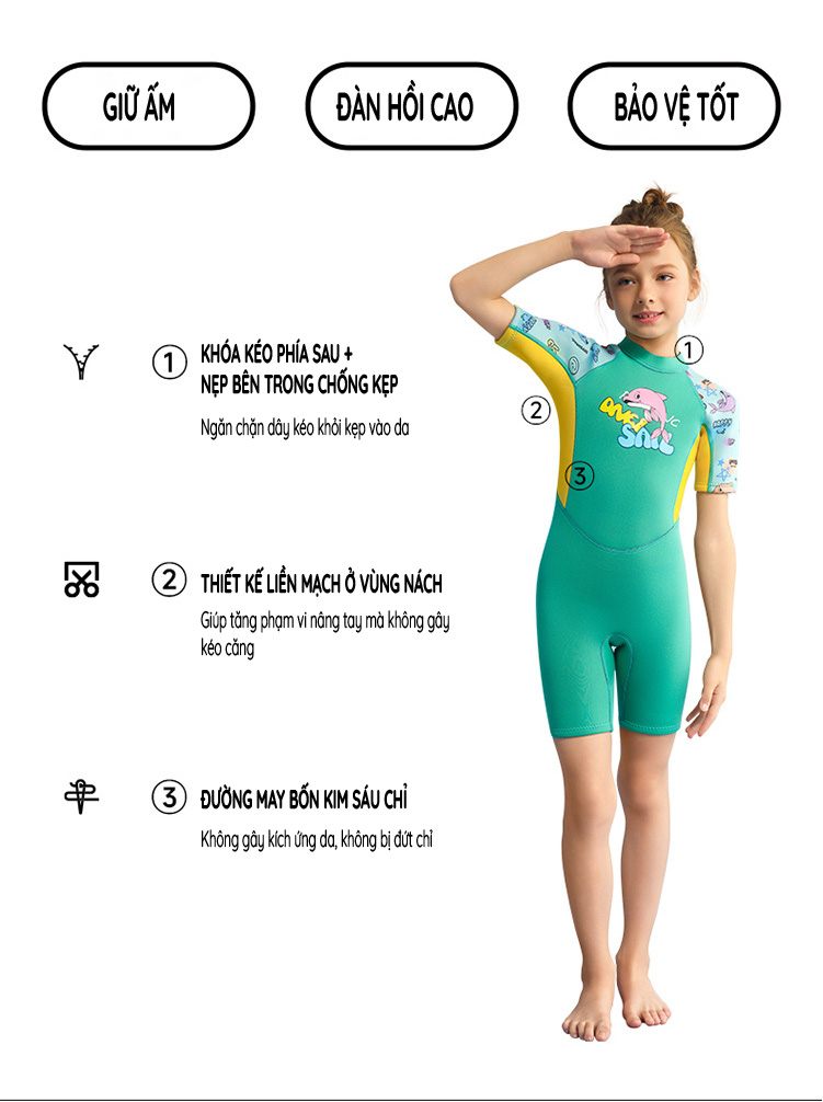 Đồ bơi giữ nhiệt bé gái Dive&Sail liền thân tay ngắn chất liệu cao su dày 2.5mm  – Giữ ấm, chống lạnh, thích hợp lặn ống thở, bơi lội, lướt sóng và chống nắng.