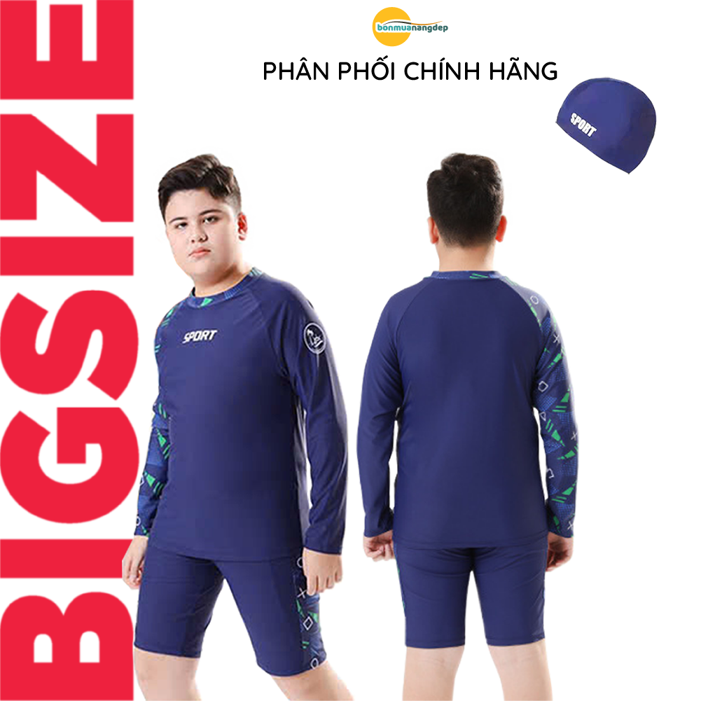 Bộ đồ bơi bé trai BIG SIZE tay dài quần ngắn tặng kèm mũ cho bé từ 34-73kg