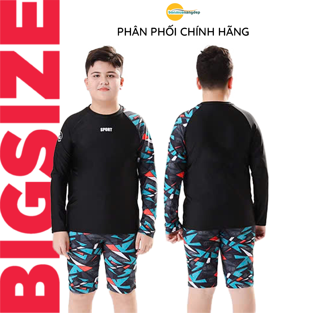 Bộ đồ bơi bé trai BIG SIZE tay dài quần ngắn kèm mũ Size từ 34-73kg