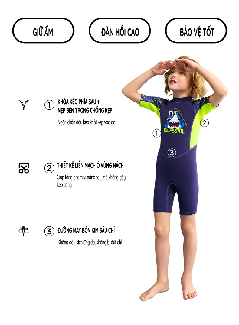 Đồ bơi giữ nhiệt bé trai Dive and Sail size 12-30kg chất liệu cao su dày 2.5mm giữ ấm ngăn tia UV