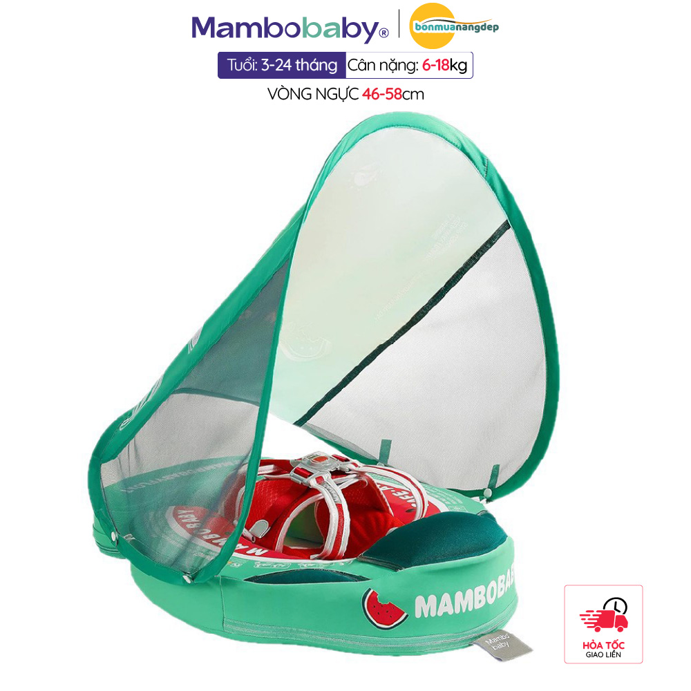 Phao ngực Mambobaby cho trẻ sơ sinh và trẻ nhỏ (3-24 tháng), không cần bơm hơi, có mái che nắng, phao hình dưa hấu B503-48-W