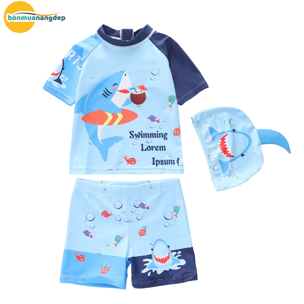 Đồ bơi bé trai tay ngắn quần ngắn rời size nhí cho bé từ 9kg - 20ky tặng kèm nón