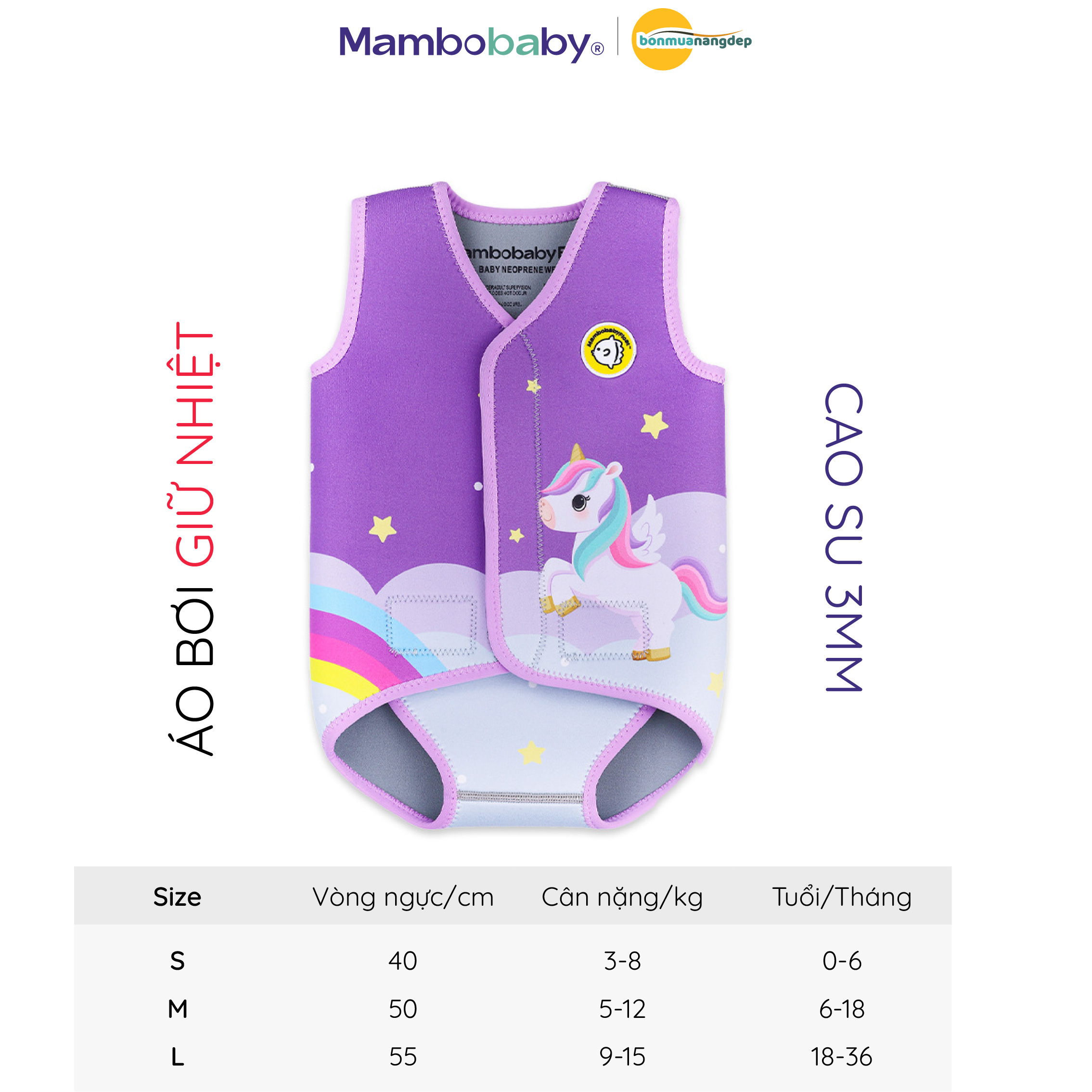 Áo bơi giữ nhiệt cho bé chất liệu gồm 3 lớp Polyester, cao su tổng hợp và lớp nylon, hiệu Mambobaby