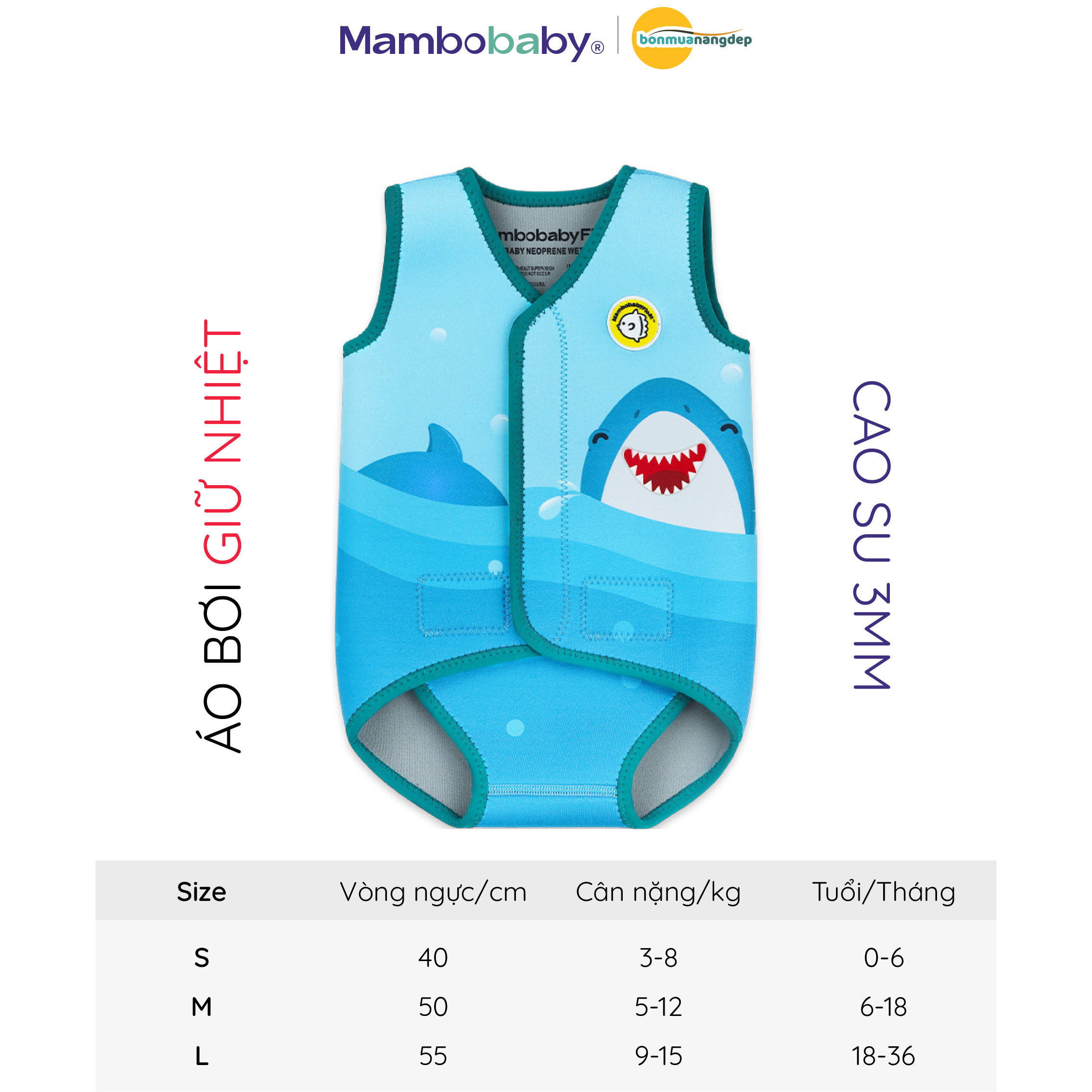 Áo bơi giữ nhiệt cho bé chất liệu gồm 3 lớp Polyester, cao su tổng hợp và lớp nylon, hiệu Mambobaby