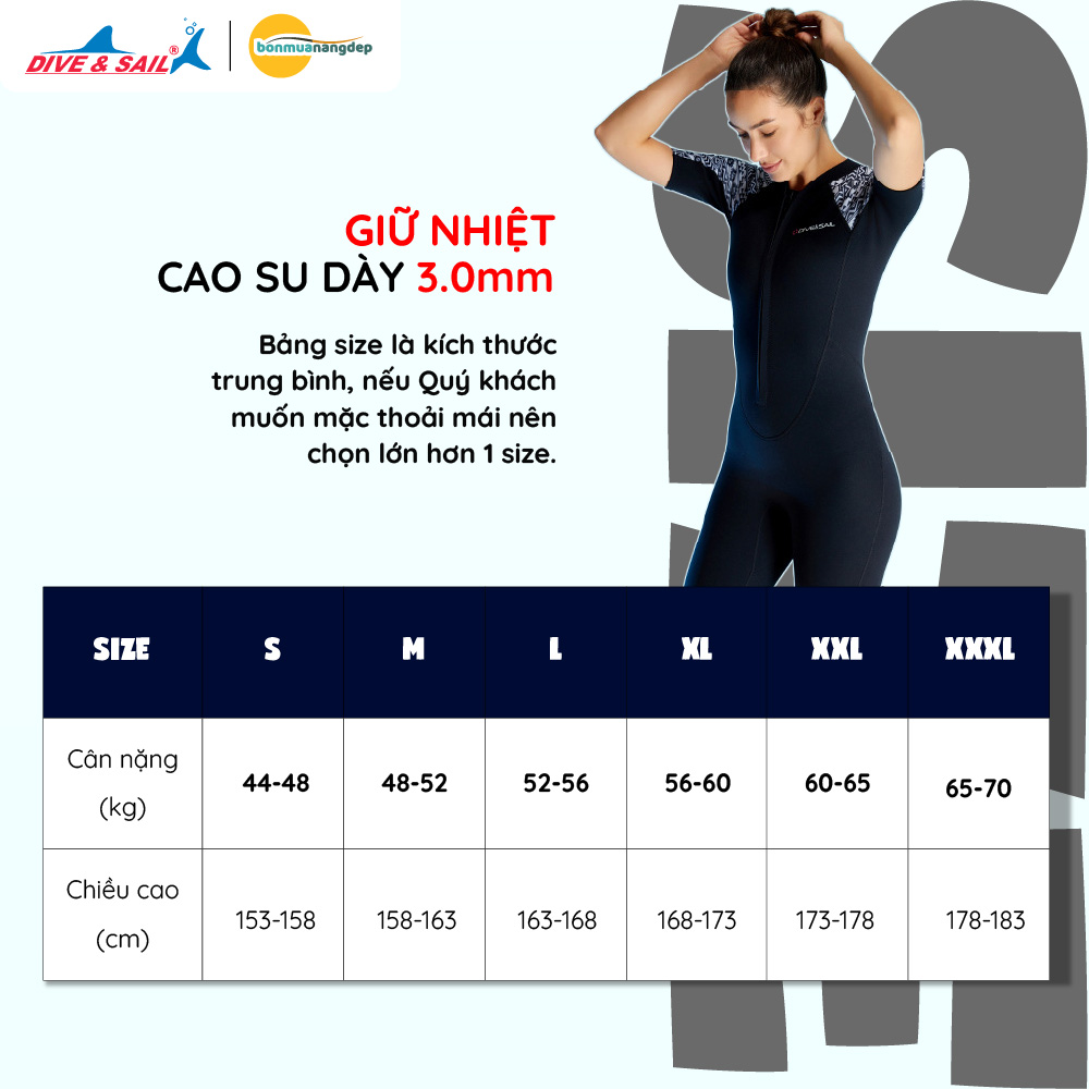 Đồ bơi lặn giữ nhiệt người lớn Dive and Sail cho Nữ chất liệu cao su dày 3mm giữ ấm