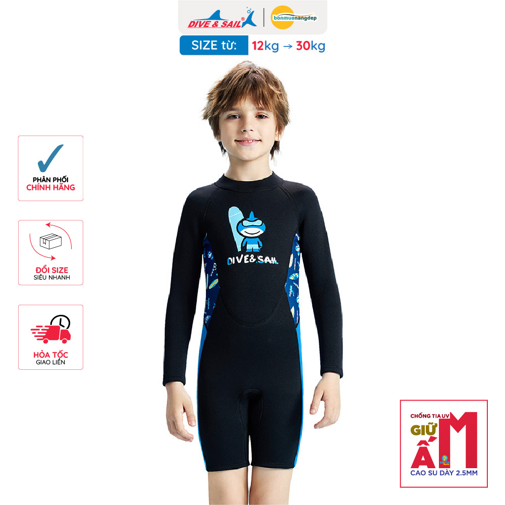 Đồ bơi giữ nhiệt bé trai Dive and Sail size 12-30kg cao su dày 2.5mm giữ ấm ngăn tia UV