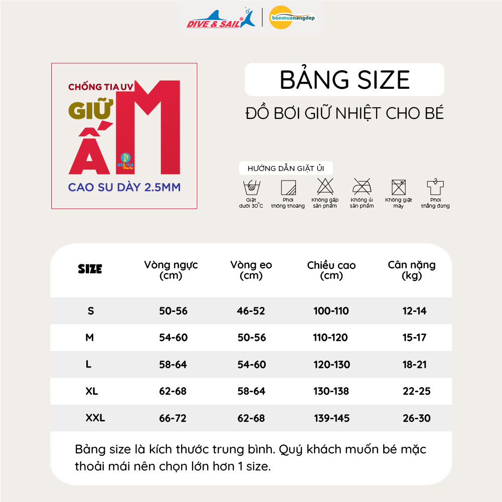 Đồ bơi giữ nhiệt bé trai Dive and Sail size 12-30kg cao su dày 2.5mm giữ ấm ngăn tia UV