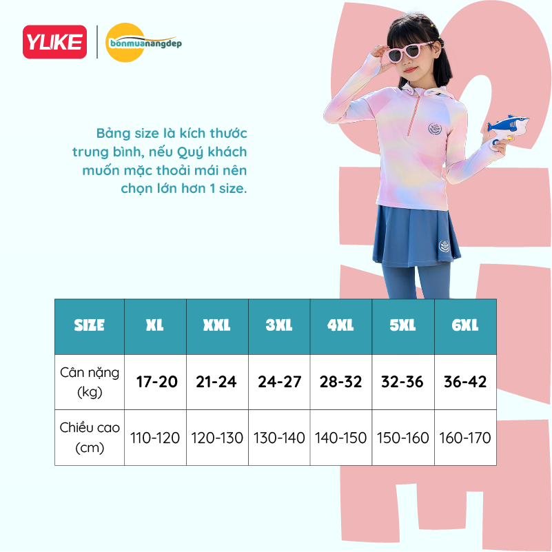 ĐỒ BƠI BÉ GÁI TAY DÀI QUẦN DÀI YUKE PHỐI CHÂN VÁY LIỀN CHỐNG NẮNG KÍN ĐÁO.