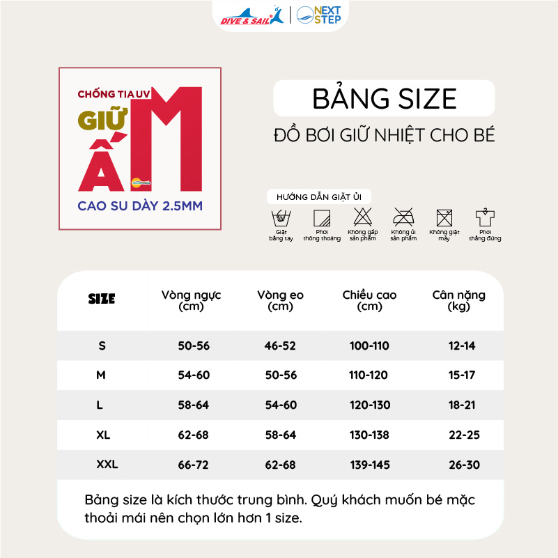 Bộ đồ bơi giữ nhiệt bé trai Dive&Sail 2.5mm, kiểu liền thân, tay ngắn, khóa kéo phía trước, chống UV