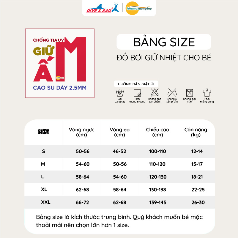 Đồ bơi giữ nhiệt bé gái Dive&Sail liền thân tay dài chất liệu cao su dày 2.5mm – Giữ ấm, chống lạnh, phù hợp để lặn ống thở, lướt sóng chống nắng và chống sứa.