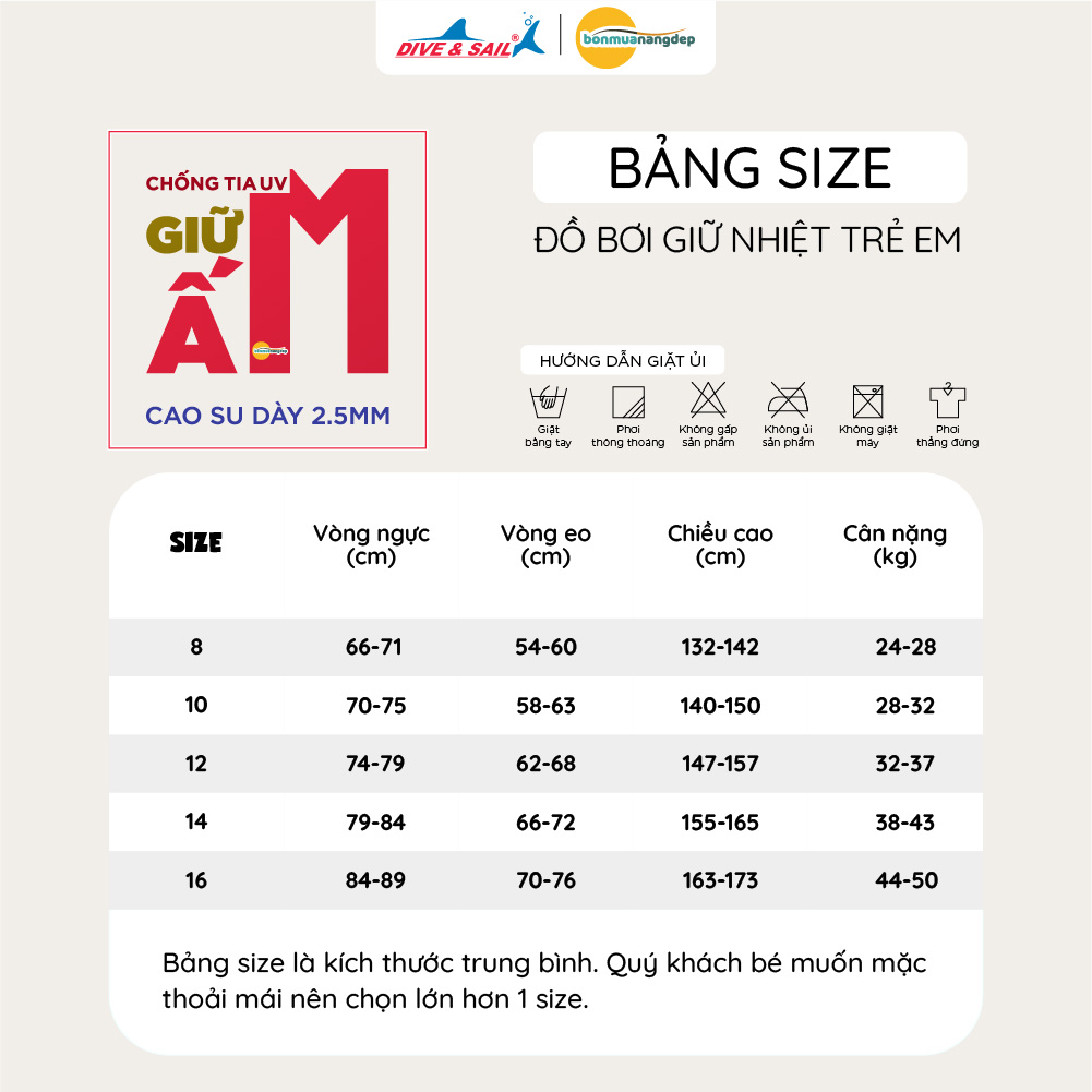 Đồ bơi giữ nhiệt bé trai cỡ vừa và lớn Dive and Sail 24-50kg tay ngắn dày 2.5mm chống tia UV