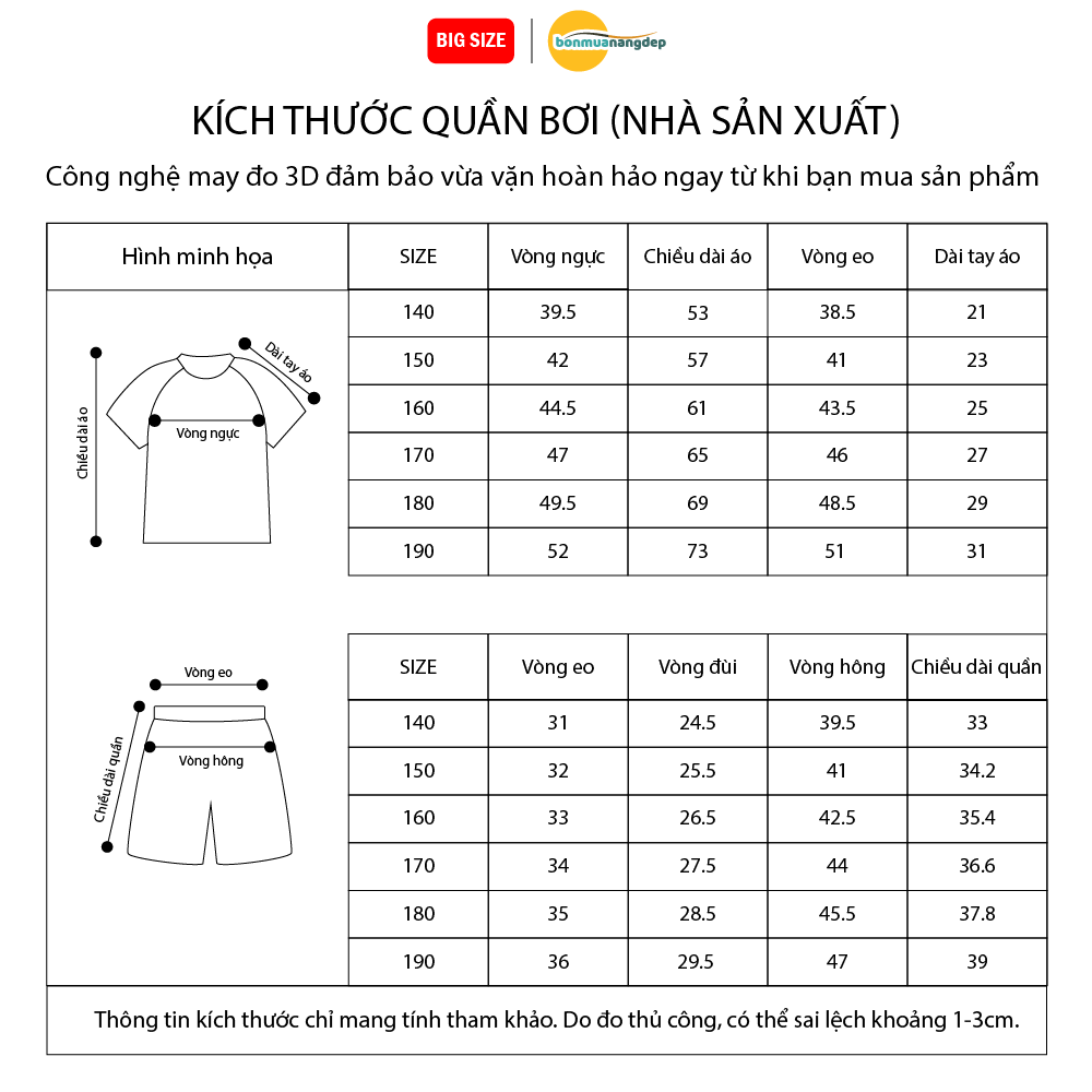 Bộ đồ bơi bé trai BIG SIZE tay dài quần ngắn kèm mũ Size từ 34-73kg
