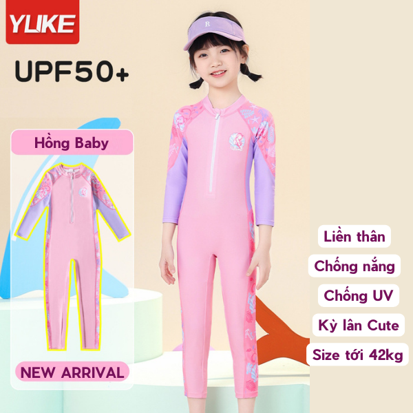 Đồ bơi bé gái liền thân tay dài quần dài chống nắng, chống UV màu Pastel ngọt ngào phối hình nàng tiên YY2266