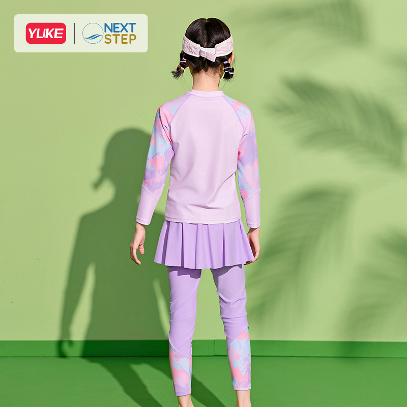 Đồ bơi bé gái tay dài quần dài chống nắng, chân váy liền size cho bé từ 17-42kg hiệu YUKE.