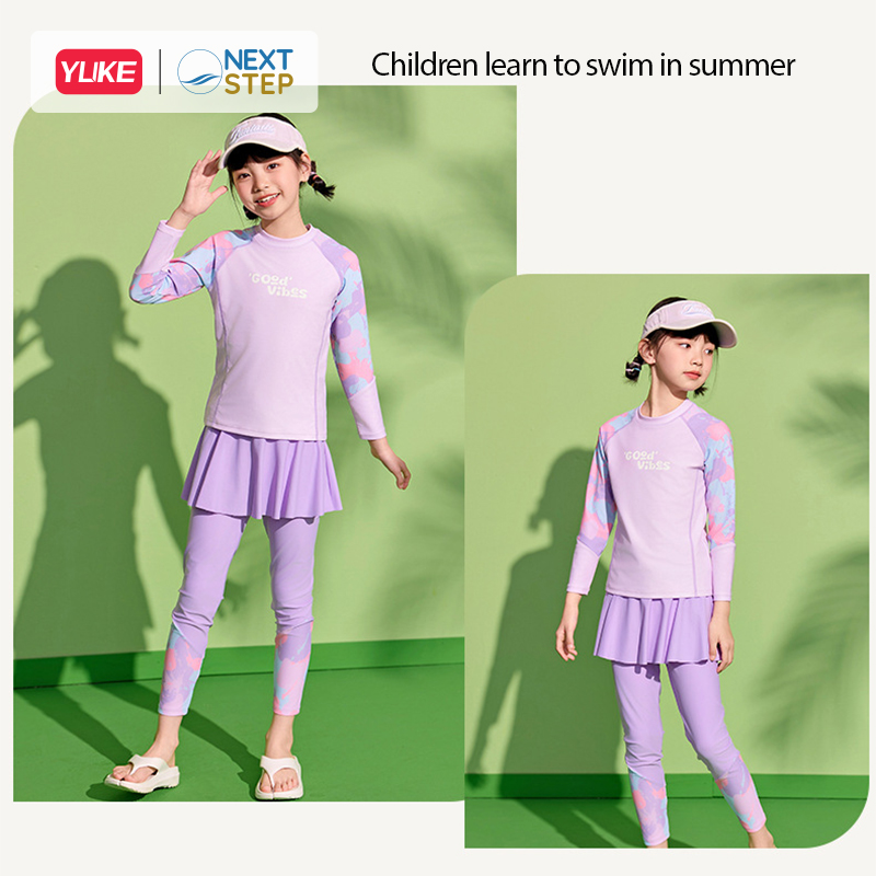 Đồ bơi bé gái tay dài quần dài chống nắng, chân váy liền size cho bé từ 17-42kg hiệu YUKE.