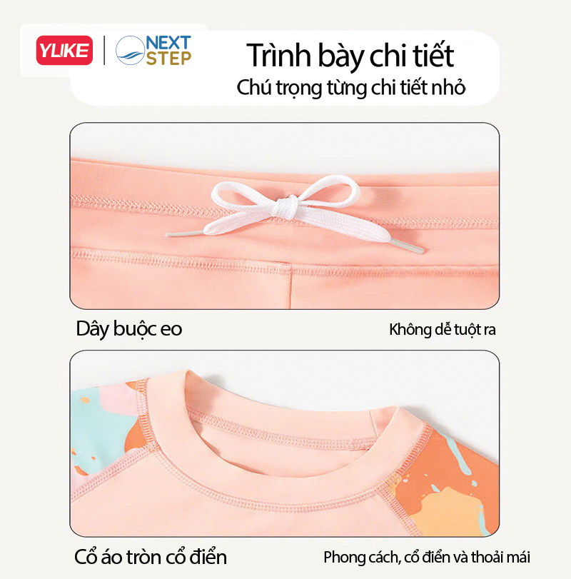 Đồ bơi bé gái tay dài quần dài chống nắng, chân váy liền size cho bé từ 17-42kg hiệu YUKE.