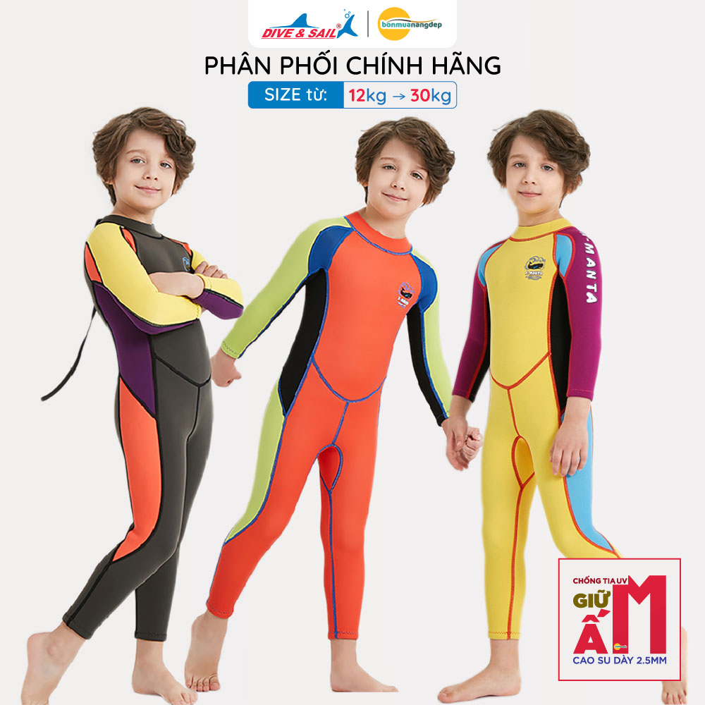 Đồ bơi giữ nhiệt bé trai Dive and Sail size 12-30kg Cao su dày 2.5mm giữ ấm ngăn tia UV