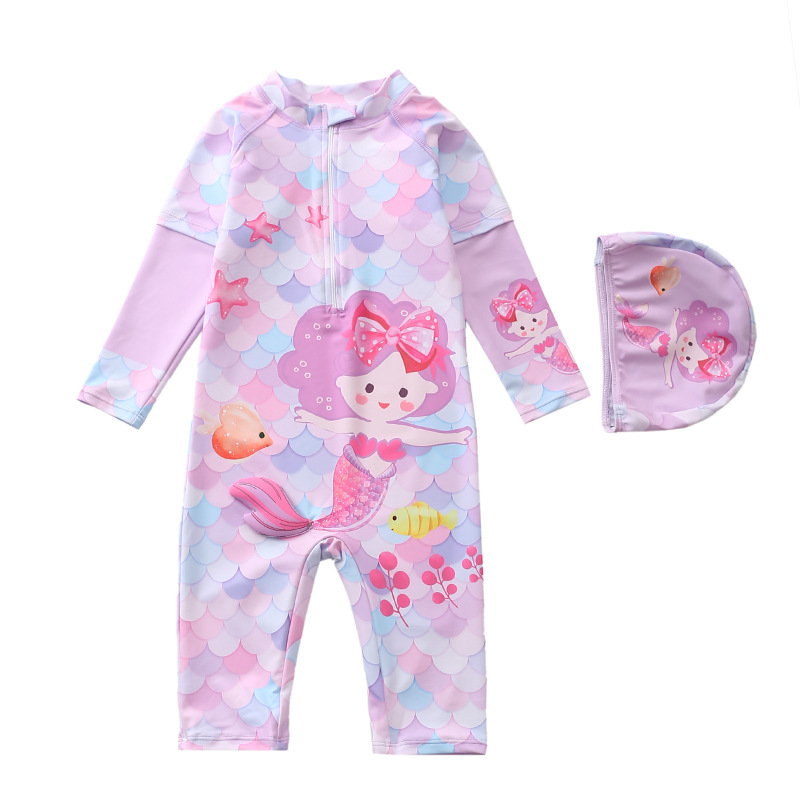 Đồ bơi bé gái liền thân tay dài quần lỡ kèm nón- Họa tiết nàng tiên cá baby xinh xắn