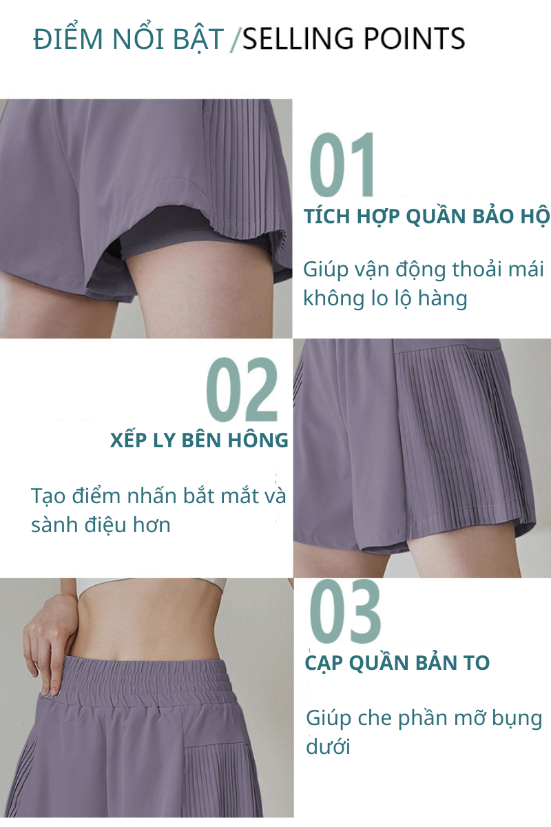 Quần short thể thao nữ pickleball cầu lông 2 lớp -  Xếp ly 2 bên hông siêu tôn dáng
