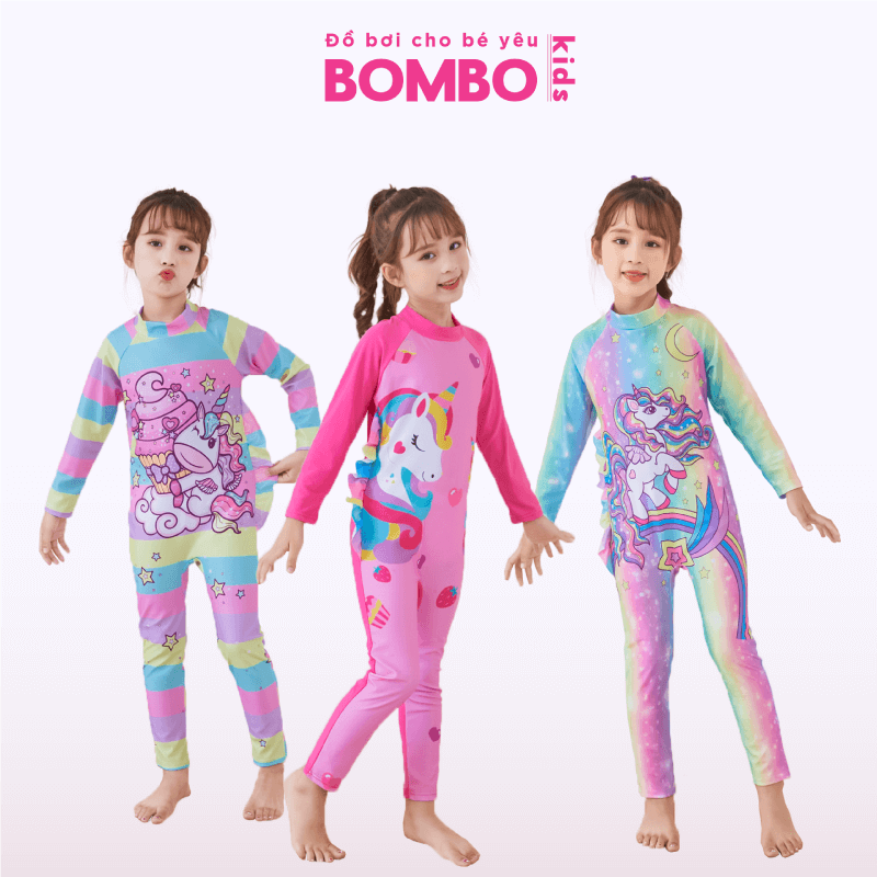 Đồ bơi bé gái liền thân Full Body bao gồm nón bơi họa tiết kỳ lân