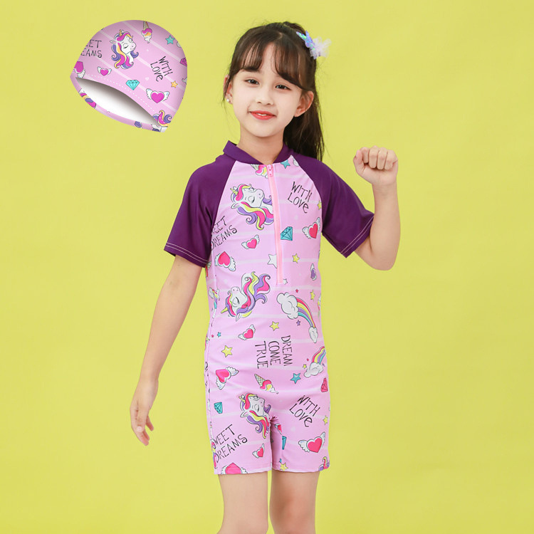 Đồ bơi bé gái liền thân Ngắn họa tiết Hoạt Hình 2023 kèm nón