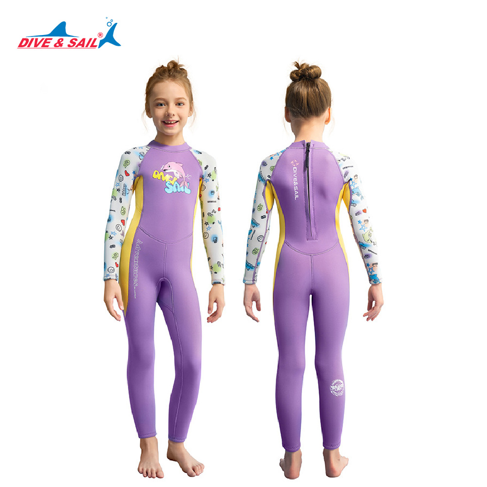 Đồ bơi giữ nhiệt bé gái Dive&Sail liền thân tay dài chất liệu cao su dày 2.5mm – Giữ ấm, chống lạnh, phù hợp để lặn ống thở, lướt sóng chống nắng và chống sứa.