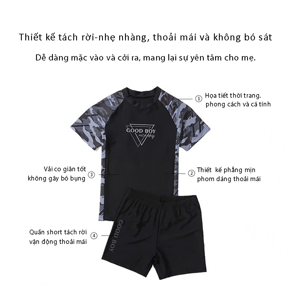 Đồ bơi bé trai BIG SIZE tay ngắn quần ngắn kèm mũ, size từ 34kg - 73kg