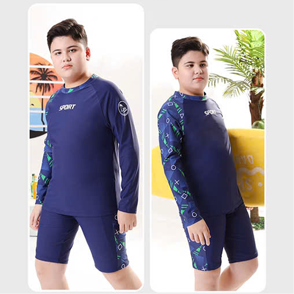 Bộ đồ bơi bé trai BIG SIZE tay dài quần ngắn tặng kèm mũ cho bé từ 34-73kg